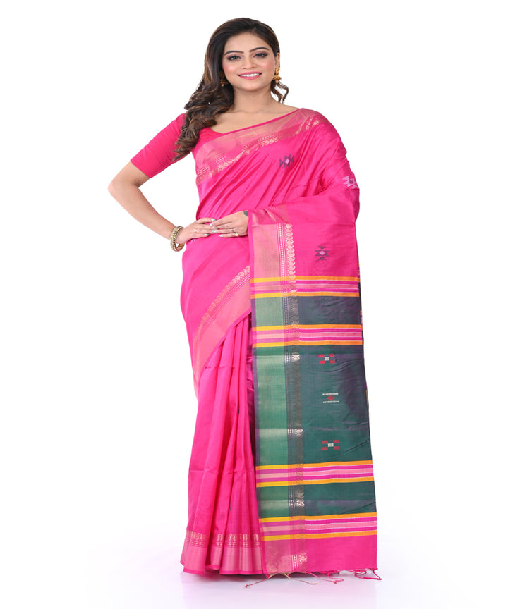 Pink green handwoven tangail silk saree