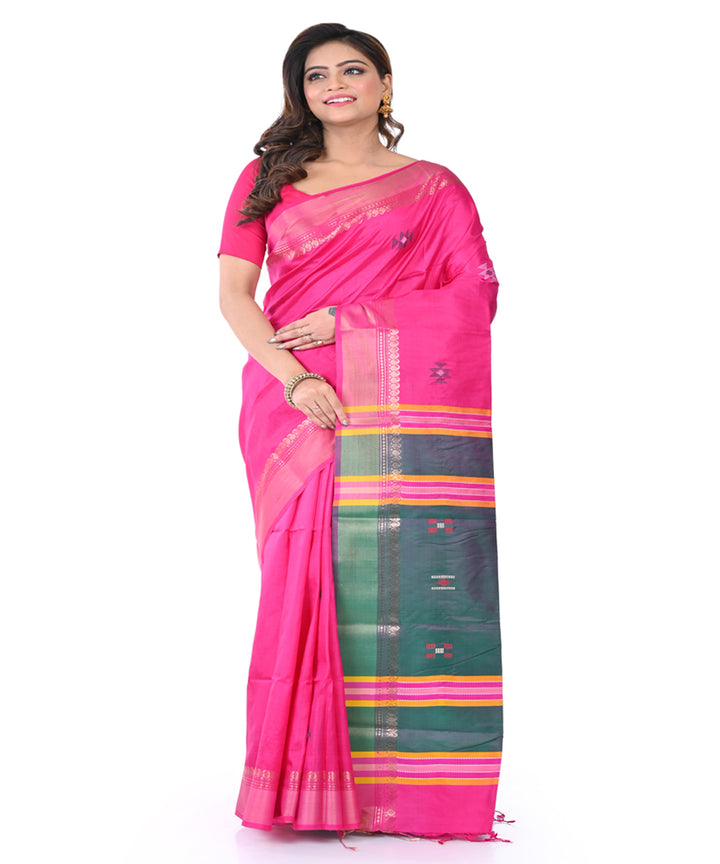 Pink green handwoven tangail silk saree