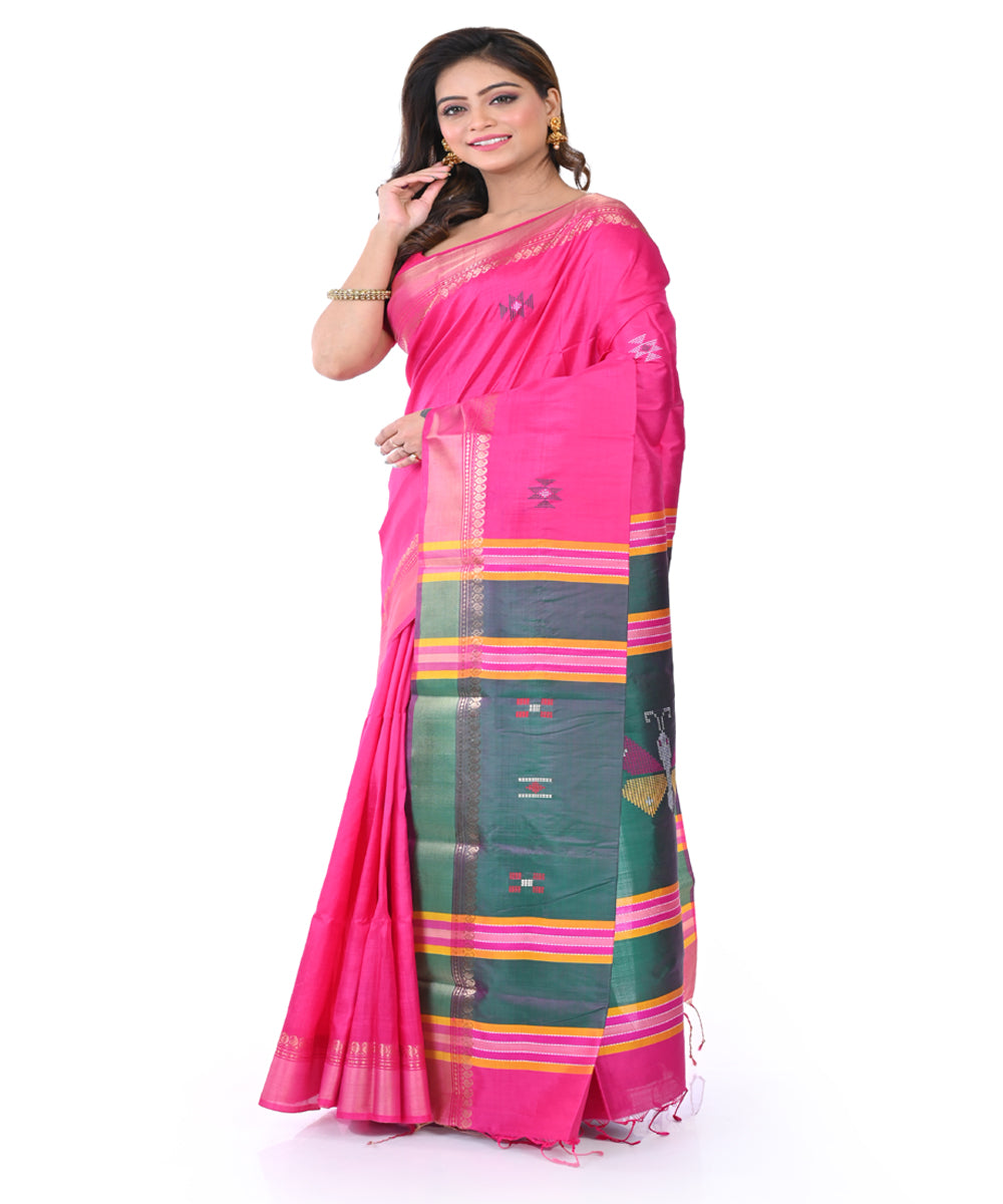 Pink green handwoven tangail silk saree