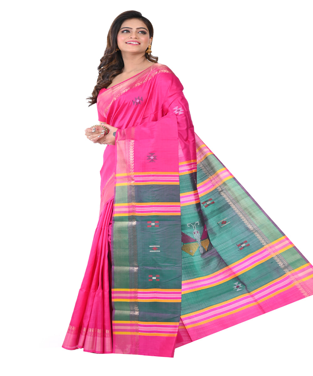 Pink green handwoven tangail silk saree