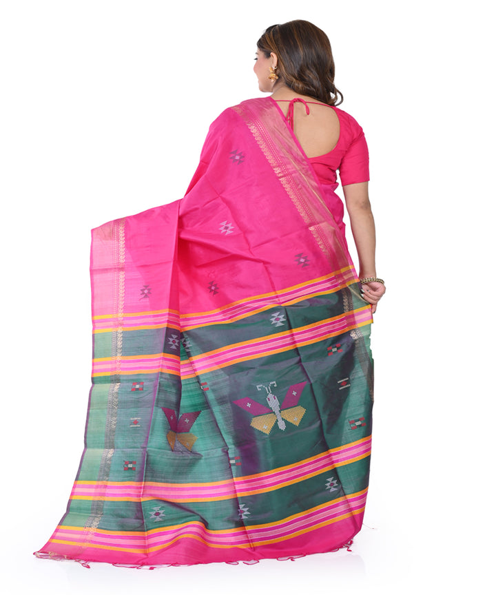 Pink green handwoven tangail silk saree