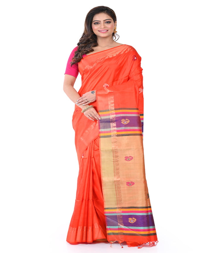 Orange handwoven tangail silk saree