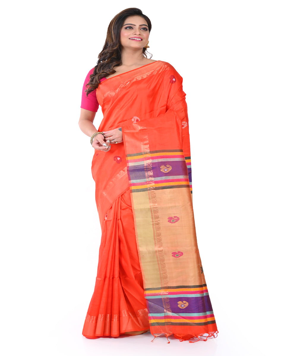 Orange handwoven tangail silk saree