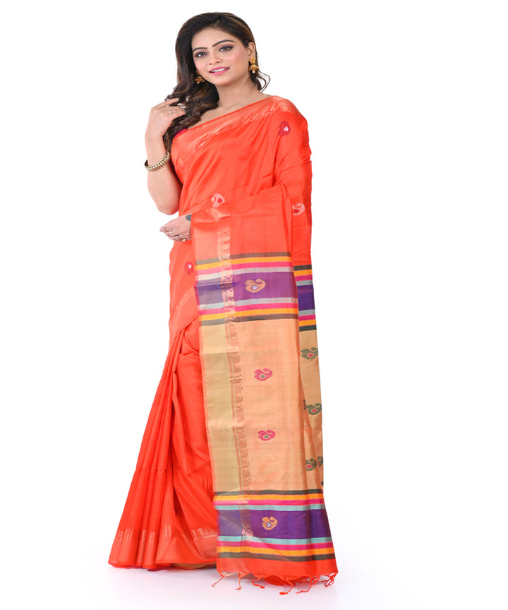 Orange handwoven tangail silk saree