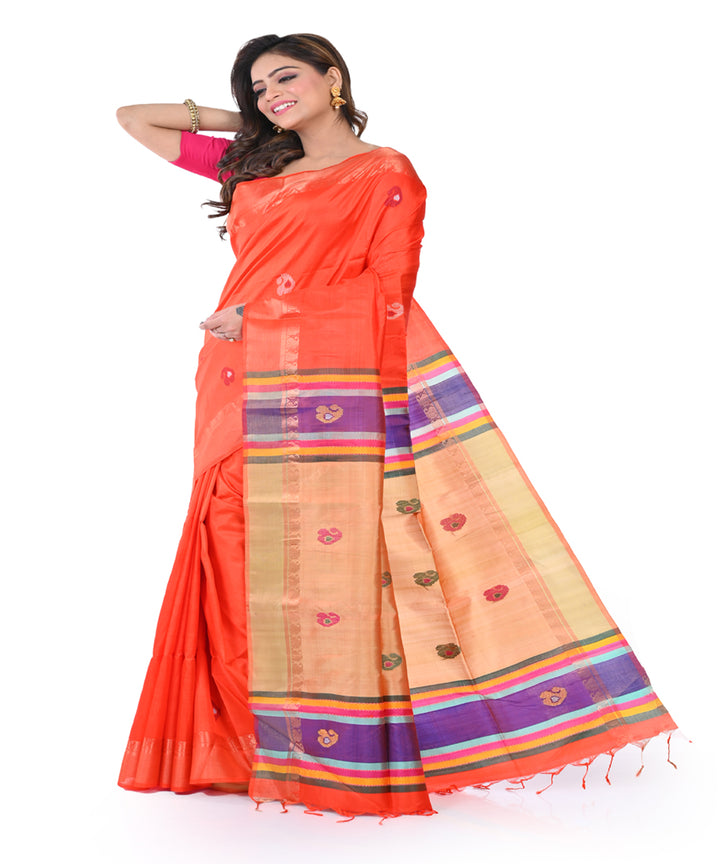 Orange handwoven tangail silk saree