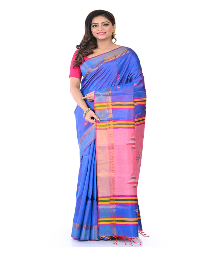 Navy blue pink handwoven tangail silk saree