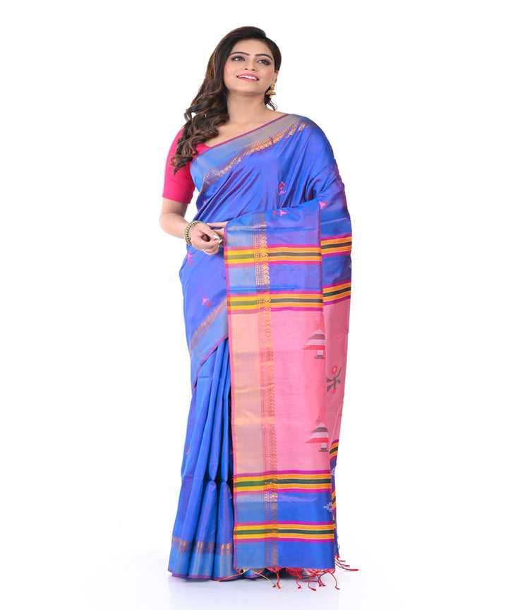 Navy blue pink handwoven tangail silk saree