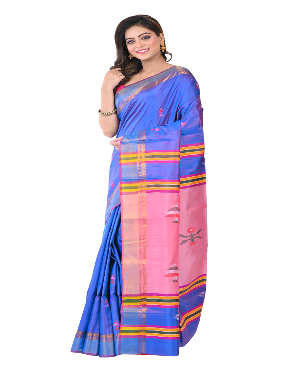 Navy blue pink handwoven tangail silk saree