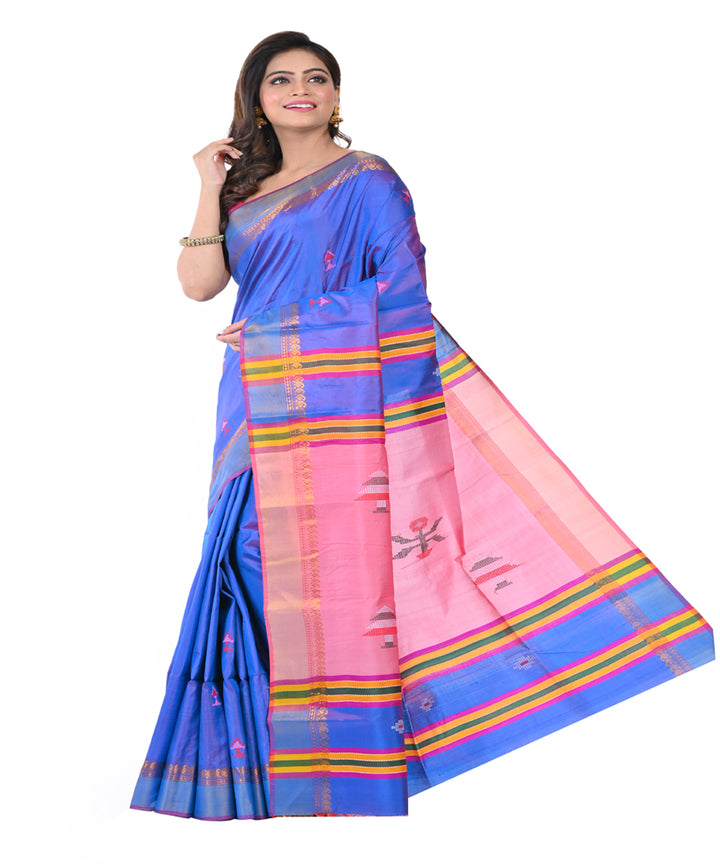 Navy blue pink handwoven tangail silk saree