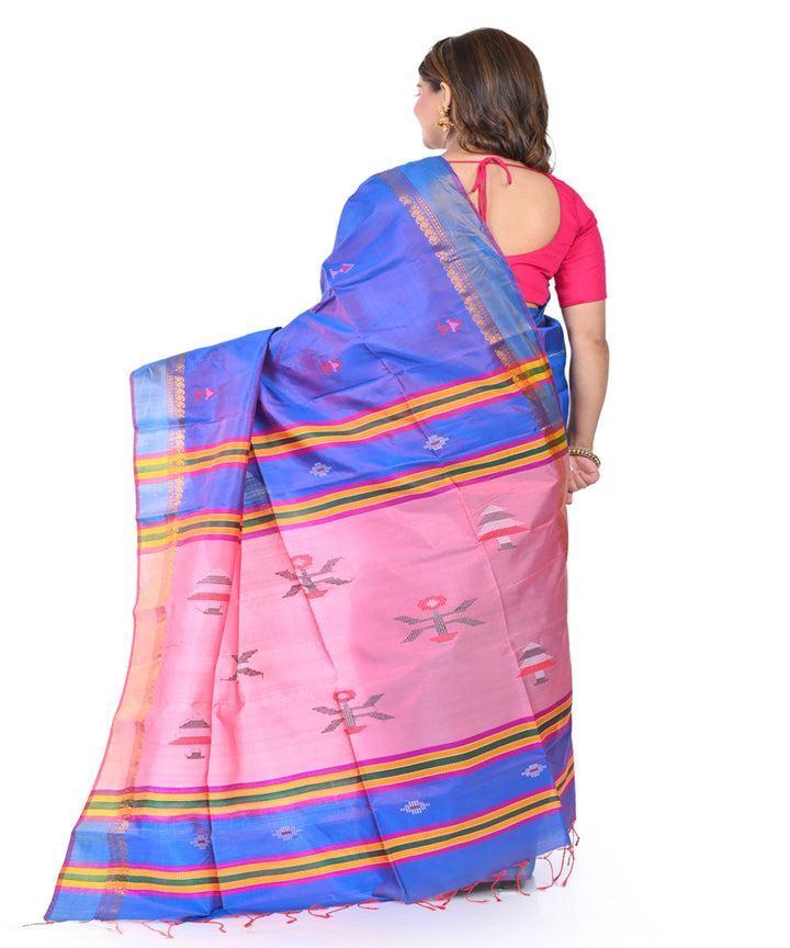 Navy blue pink handwoven tangail silk saree