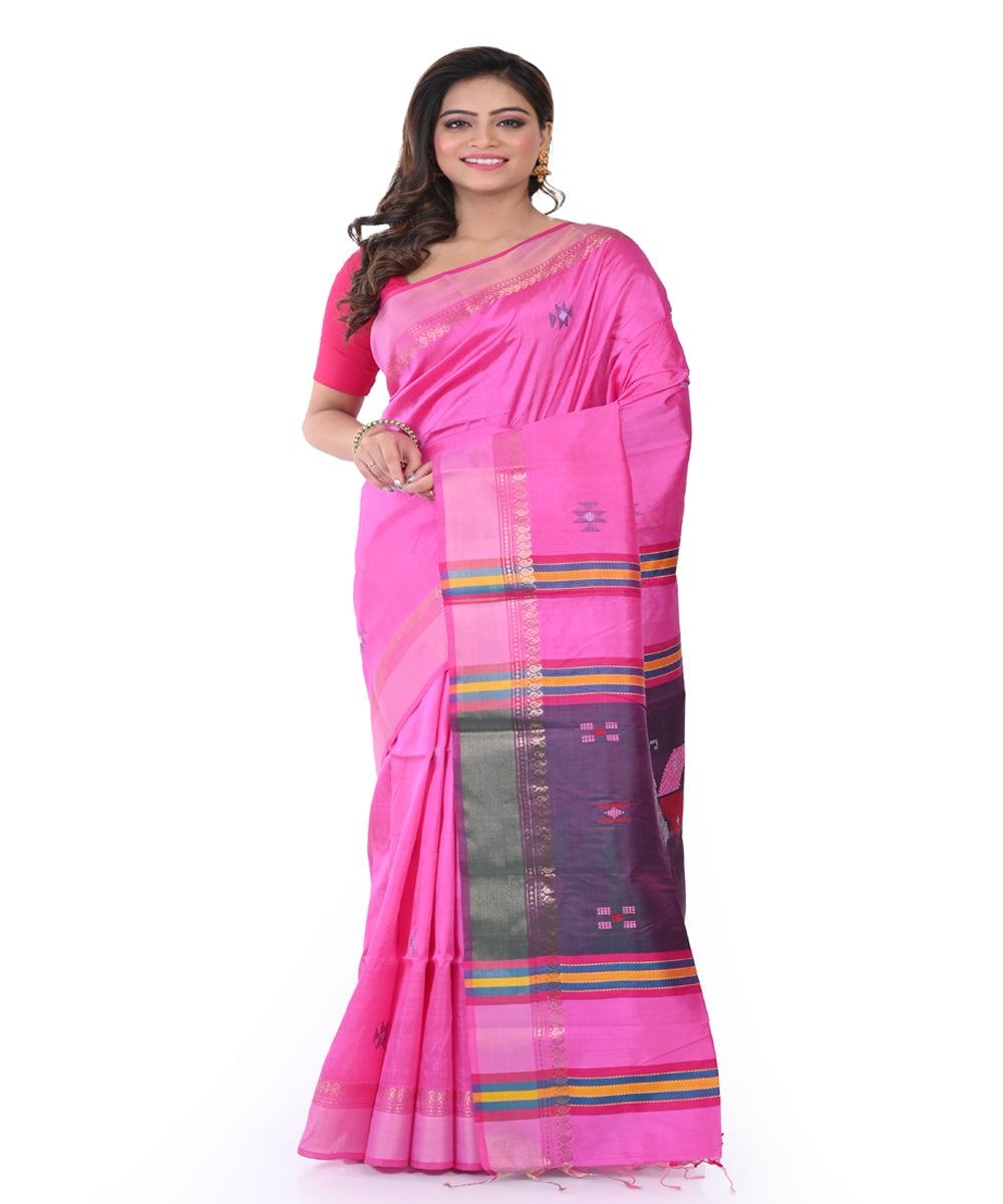 Pink purple hand woven tangail silk saree