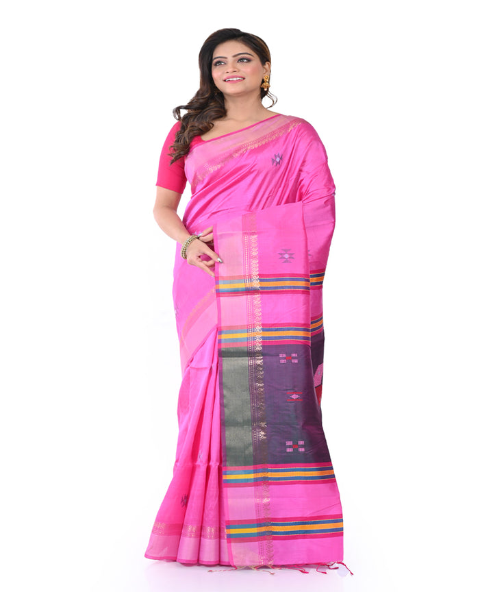 Pink purple hand woven tangail silk saree