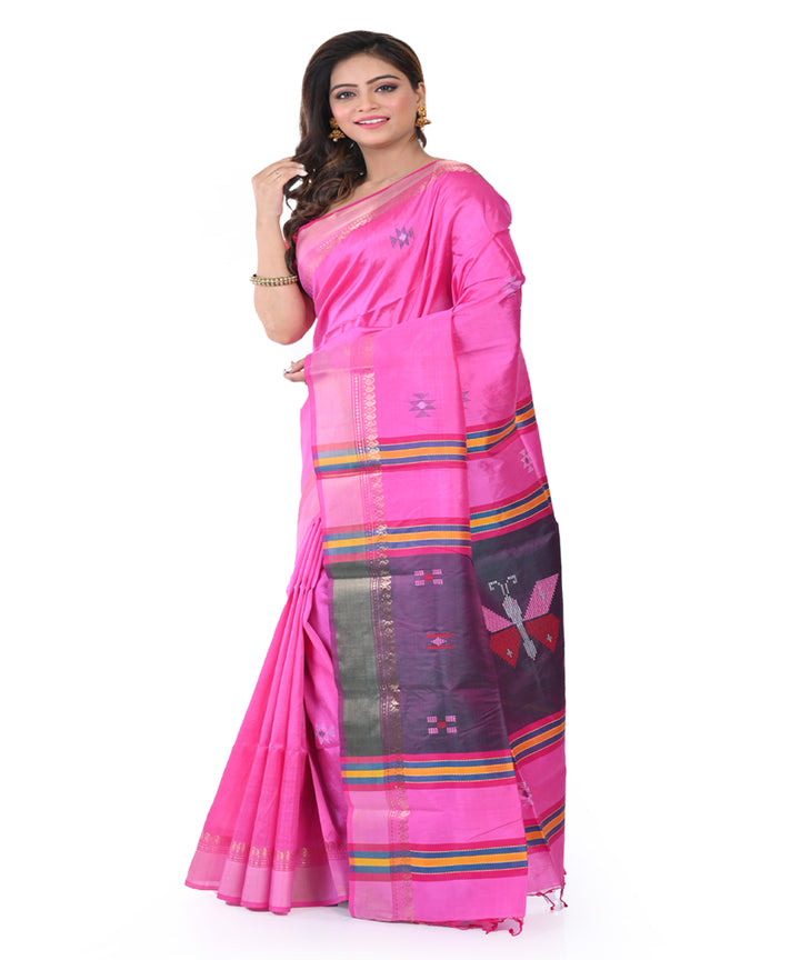 Pink purple hand woven tangail silk saree