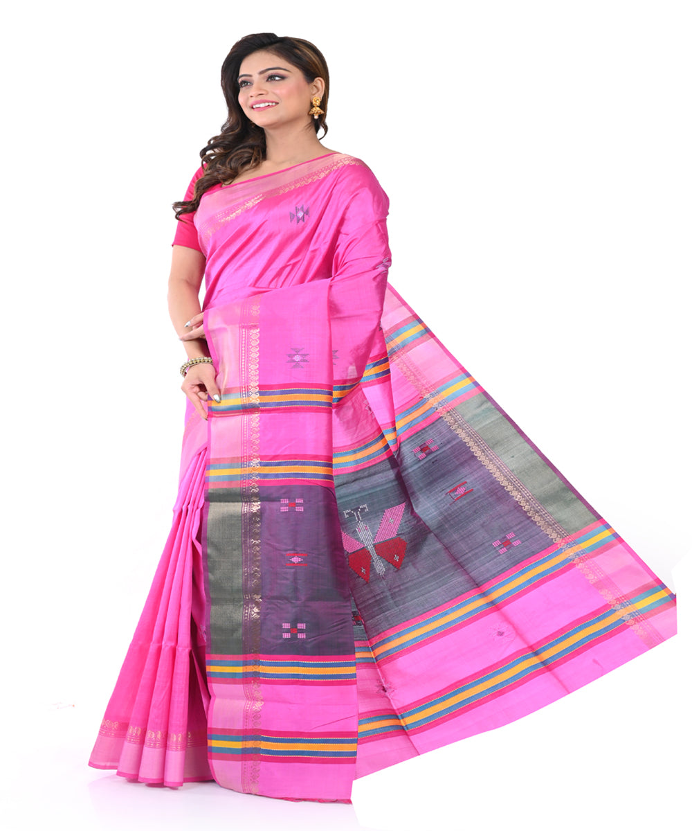 Pink purple hand woven tangail silk saree