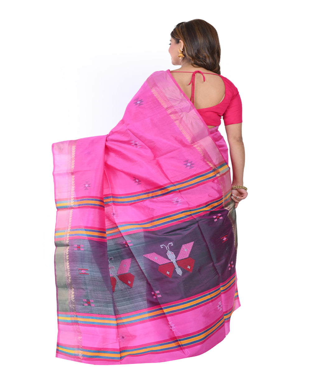 Pink purple hand woven tangail silk saree