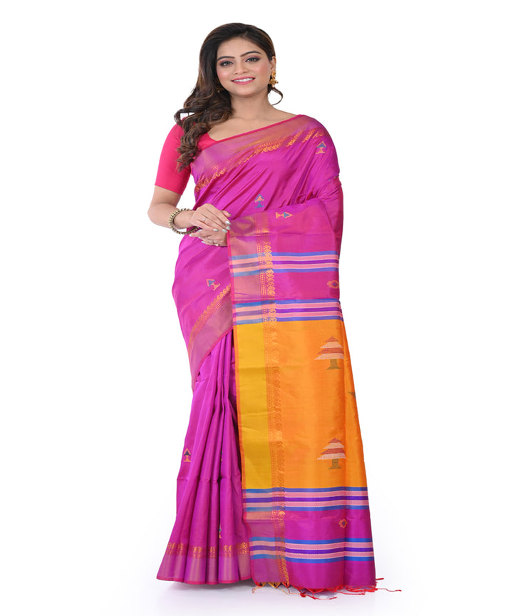 Purple yellow handwoven tangail silk saree