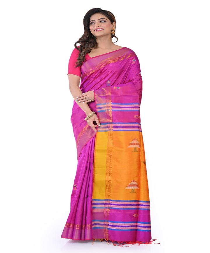 Purple yellow handwoven tangail silk saree