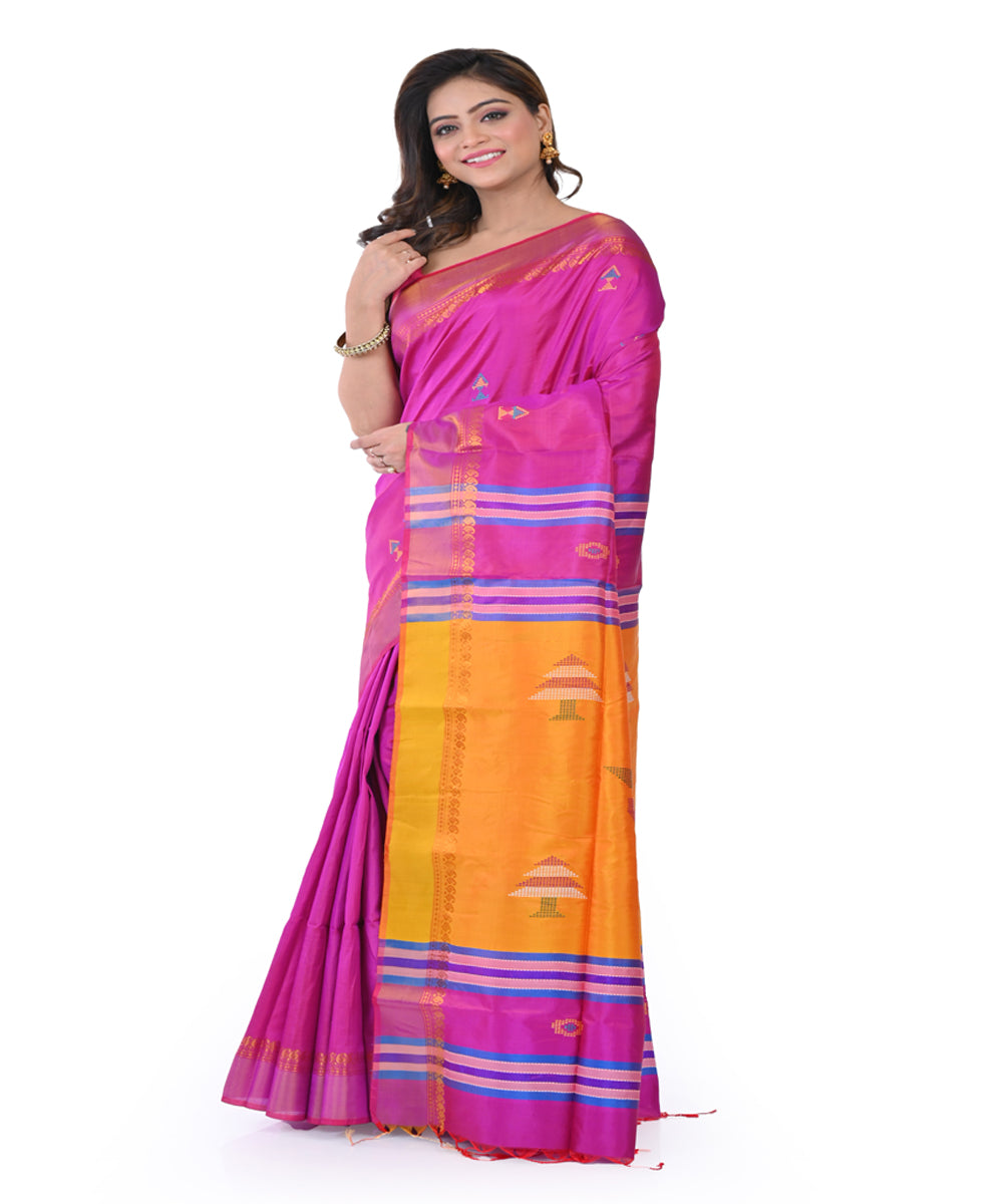 Purple yellow handwoven tangail silk saree