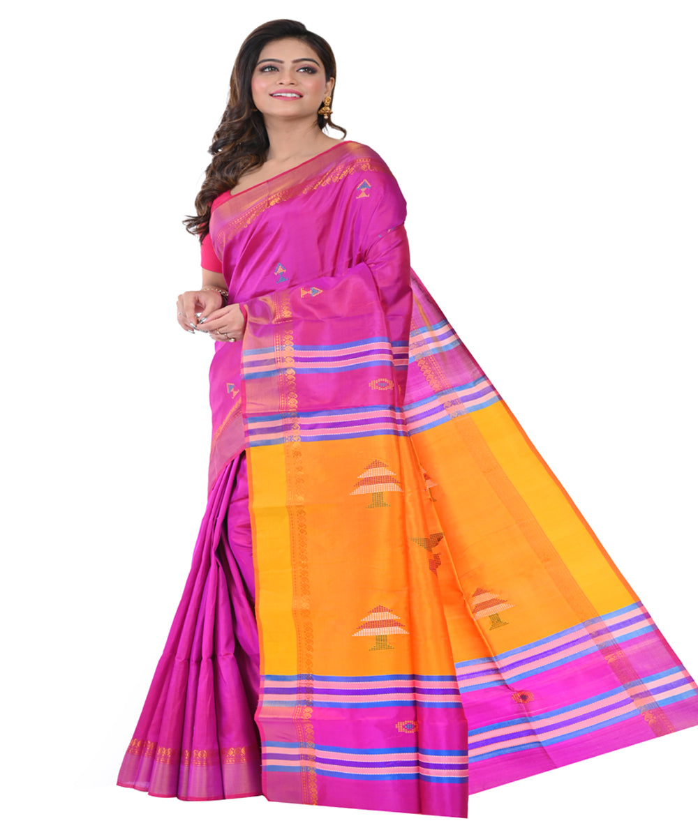 Purple yellow handwoven tangail silk saree