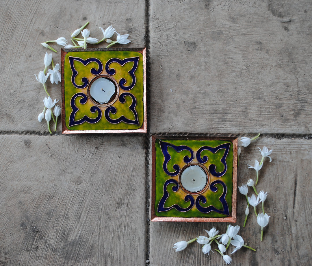 Green handcrafted square tealight holder set of 2
