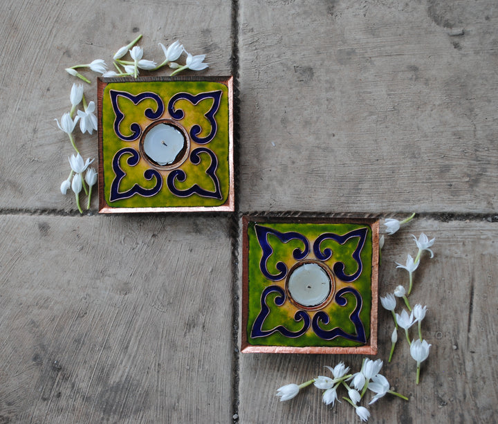 Green handcrafted square tealight holder set of 2