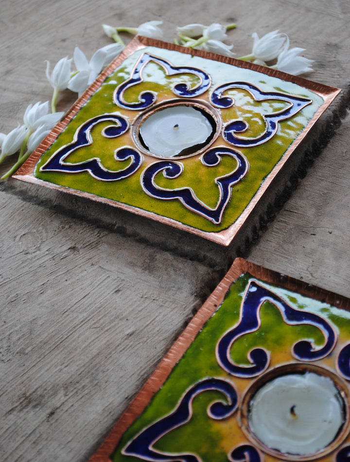 Green handcrafted square tealight holder set of 2
