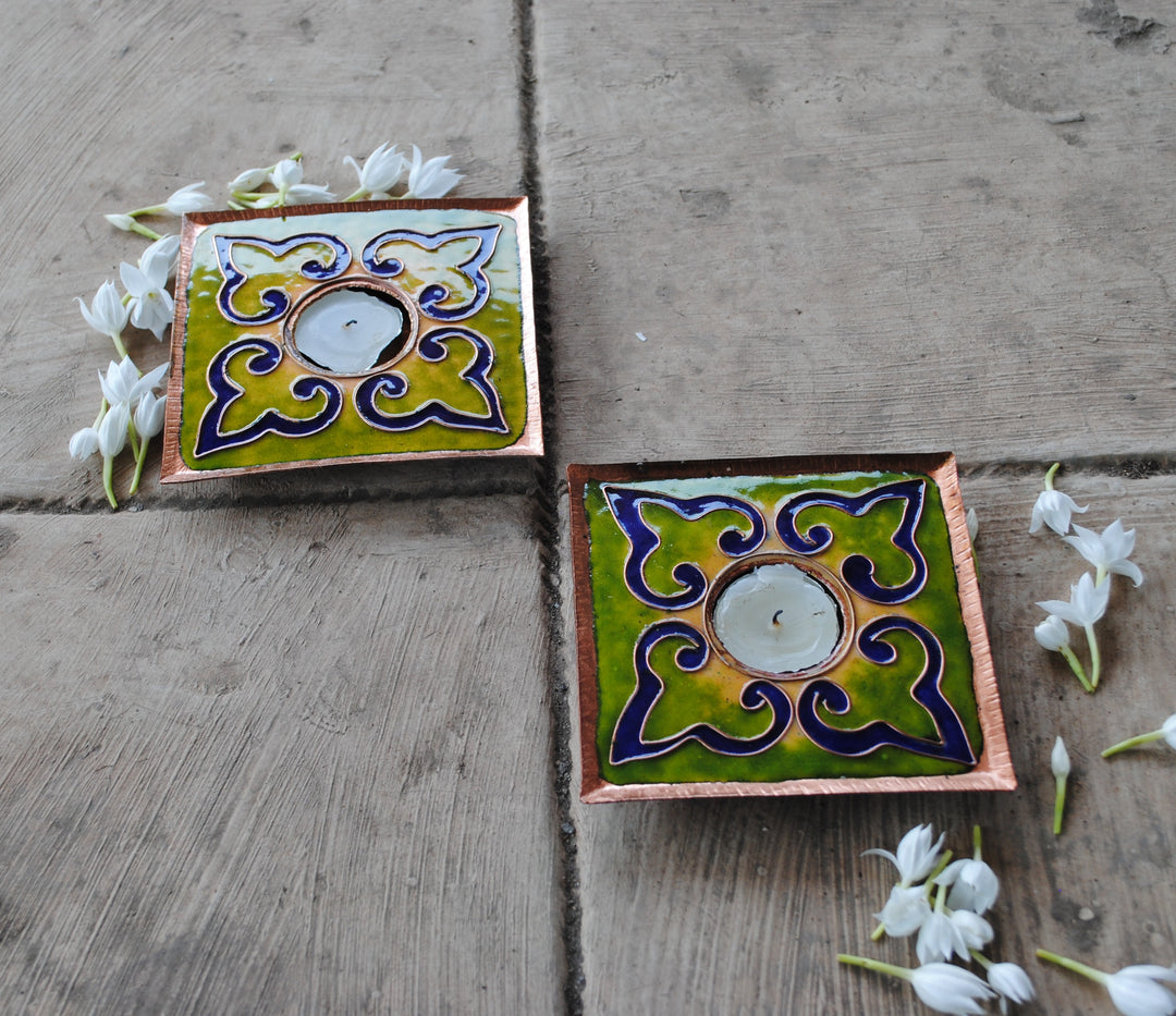 Green handcrafted square tealight holder set of 2