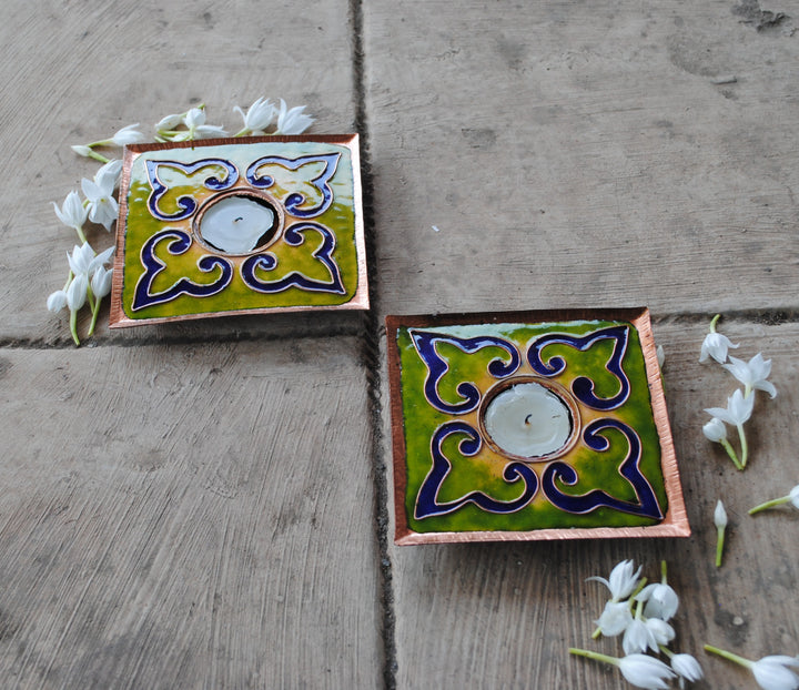 Green handcrafted square tealight holder set of 2