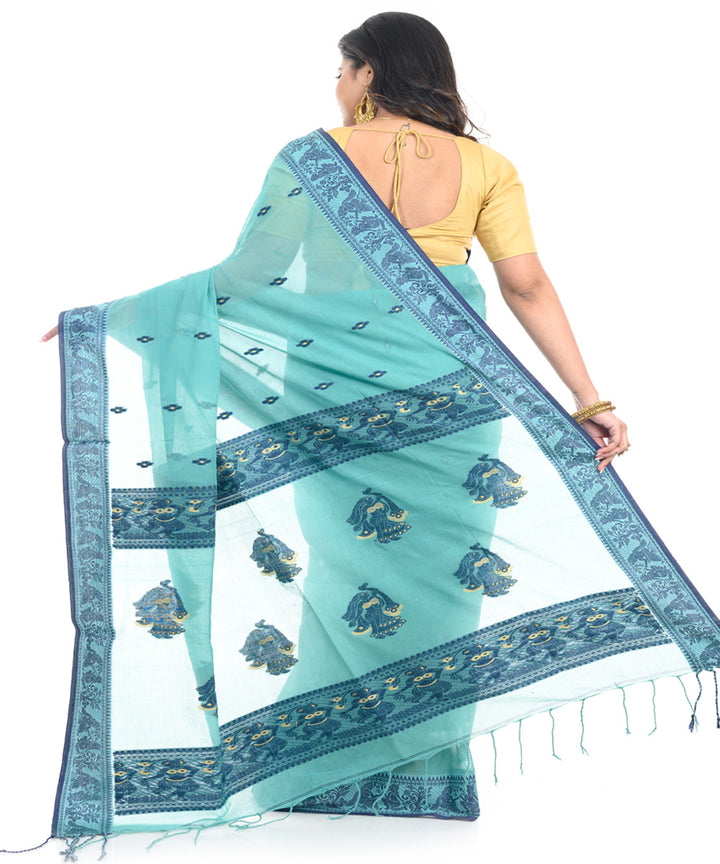 Cyan blue handwoven cotton shantipuri saree