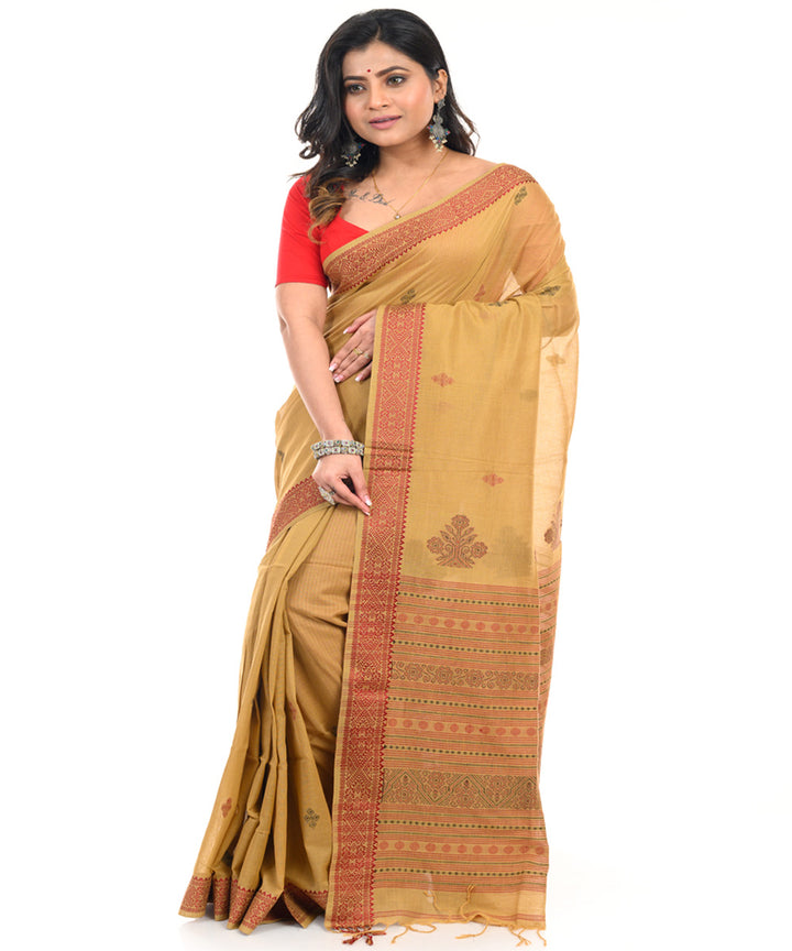 Mustard handwoven cotton shantipuri saree