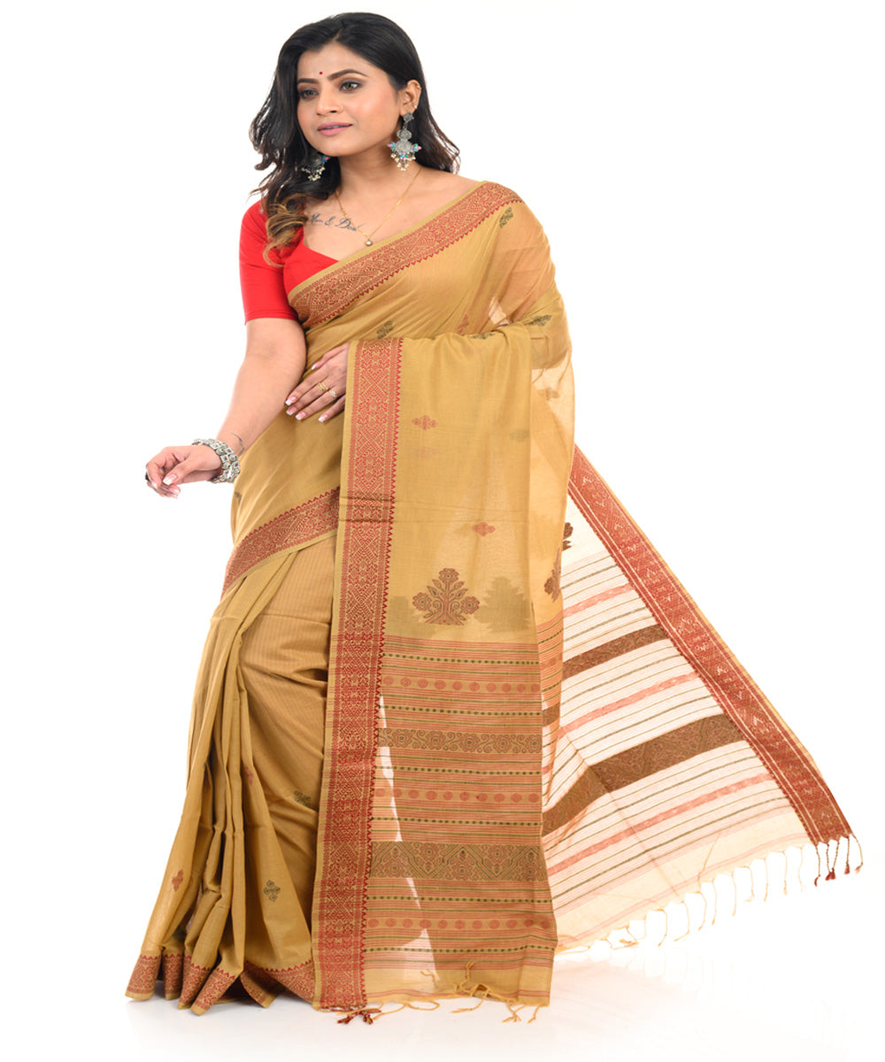 Mustard handwoven cotton shantipuri saree