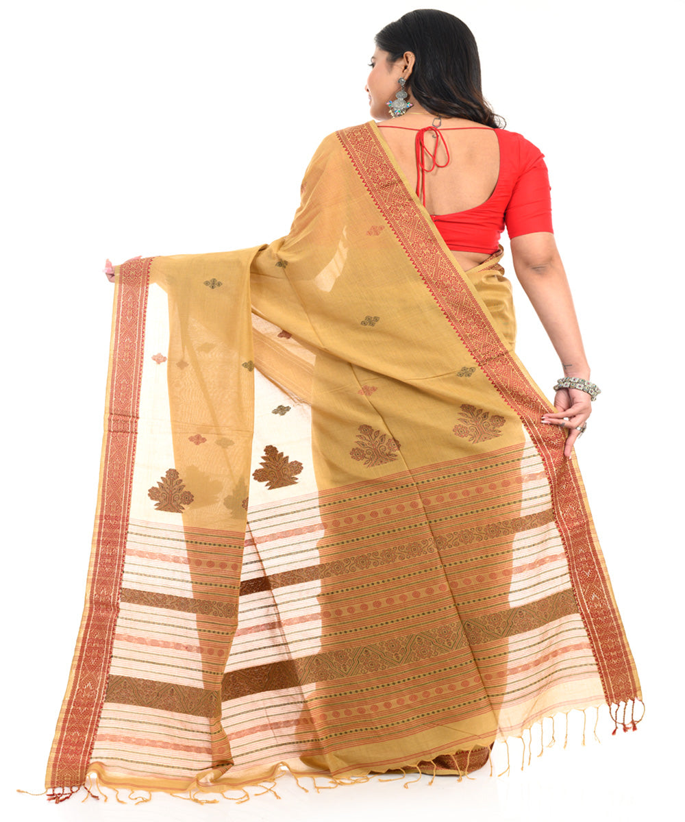 Mustard handwoven cotton shantipuri saree