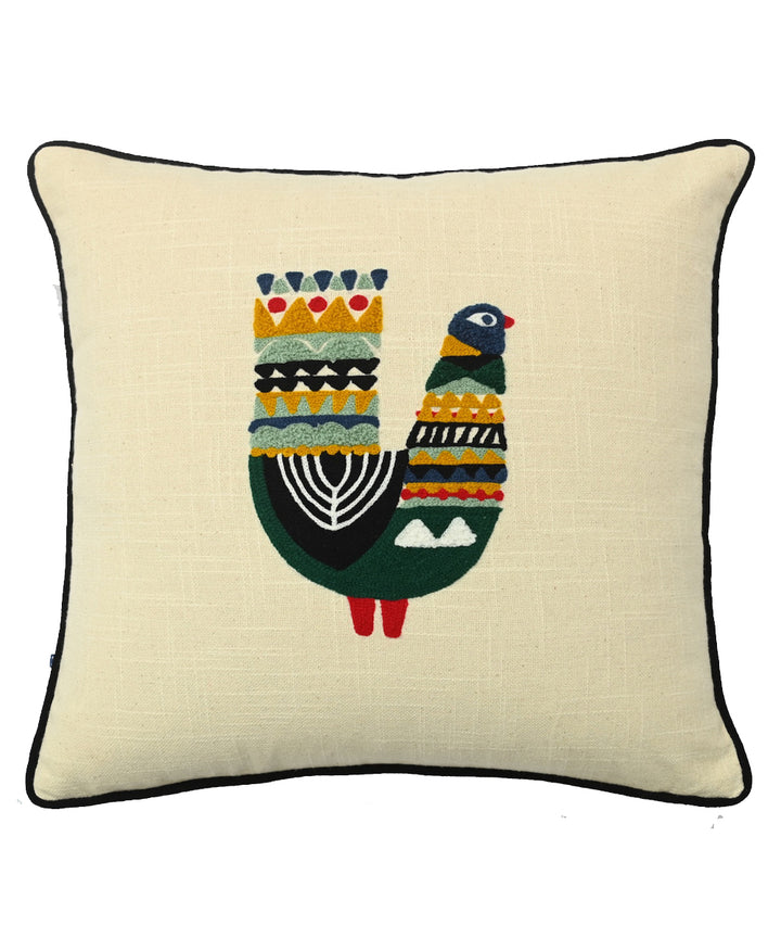 Cream green hand embroidered slub cotton cushion cover