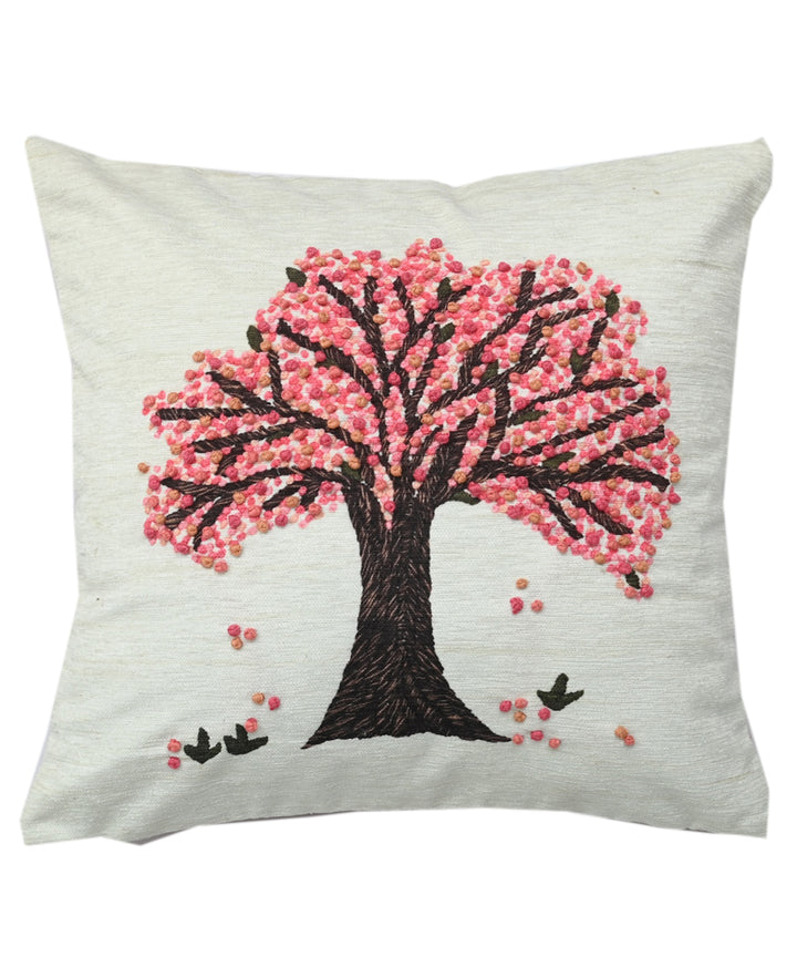 Offwhite pink hand embroidered cotton cushion cover