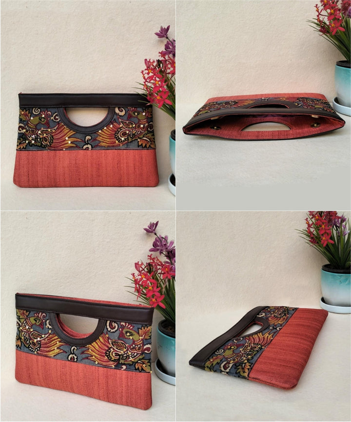 Orange hand painted kalamkari silk pouch