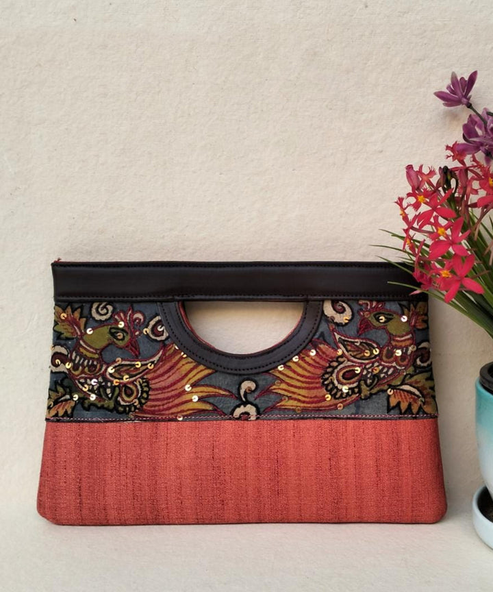 Orange hand painted kalamkari silk pouch