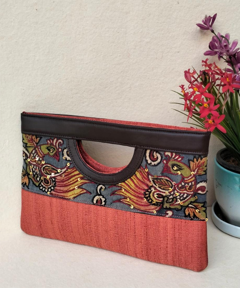 Orange hand painted kalamkari silk pouch