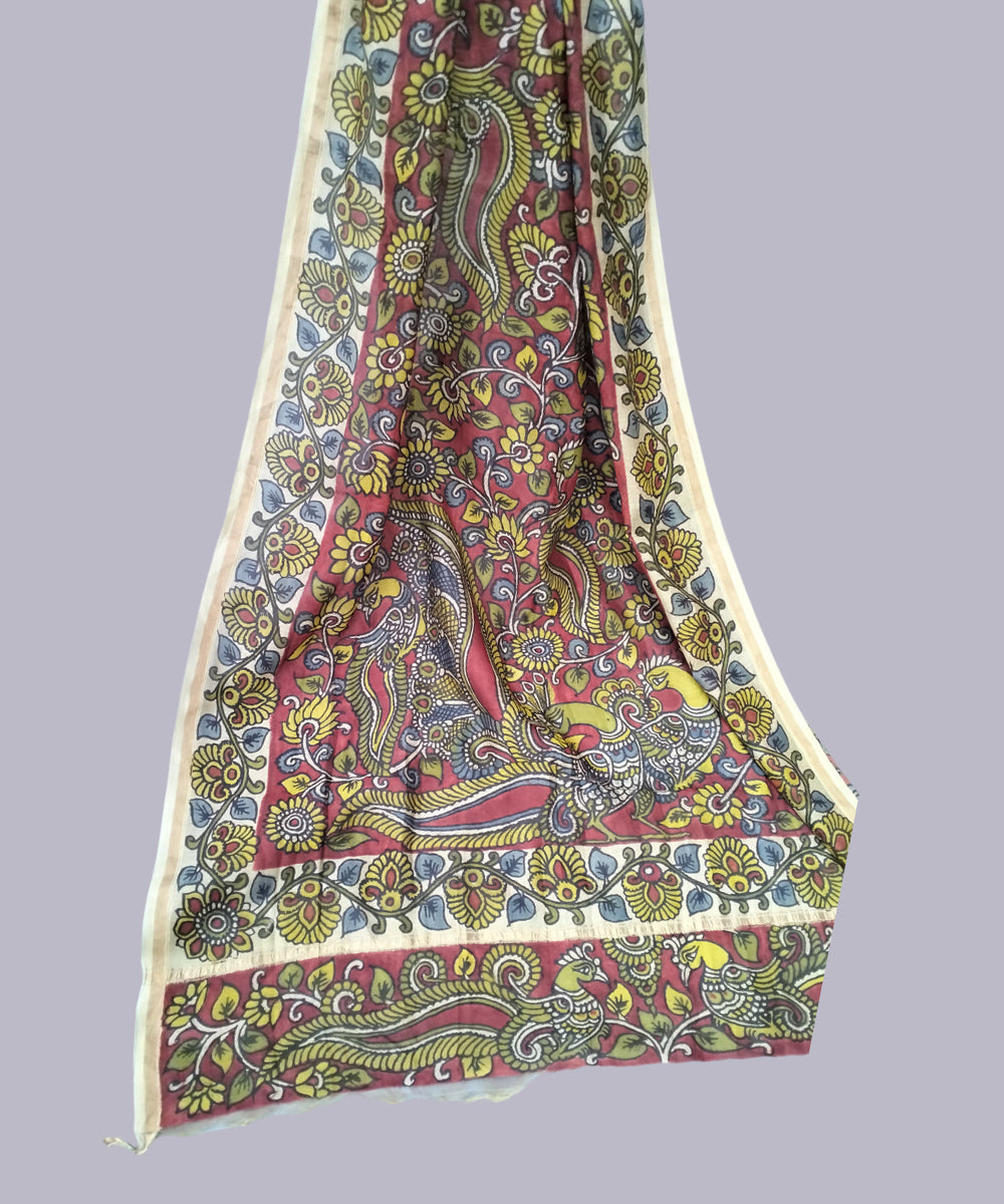 Maroon kalamkari handwoven chanderi cotton silk dupatta
