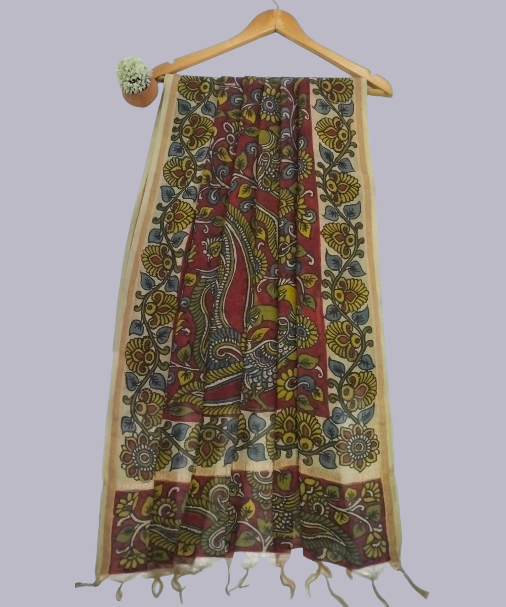 Maroon kalamkari handwoven chanderi cotton silk dupatta