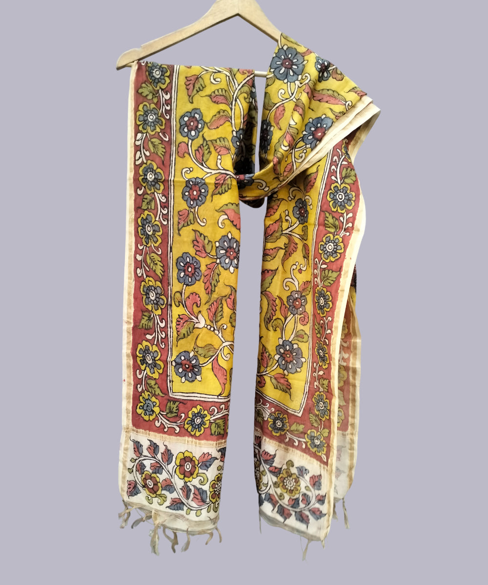 Yellow handwoven chanderi cotton silk kalamkari dupatta