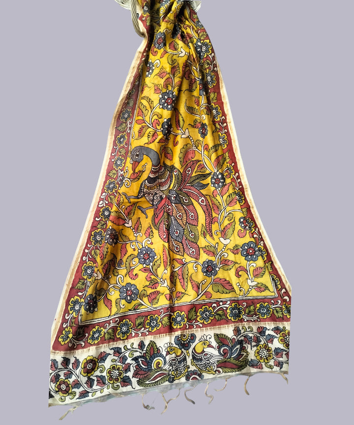 Yellow handwoven chanderi cotton silk kalamkari dupatta