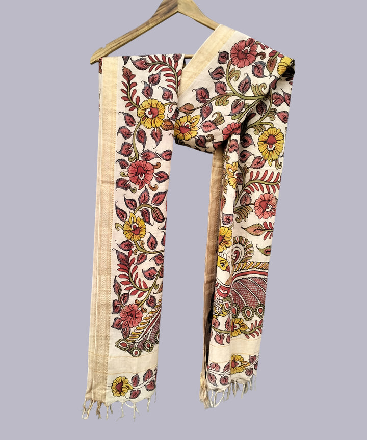 Beige handwoven kalamkari mangalgiri cotton dupatta