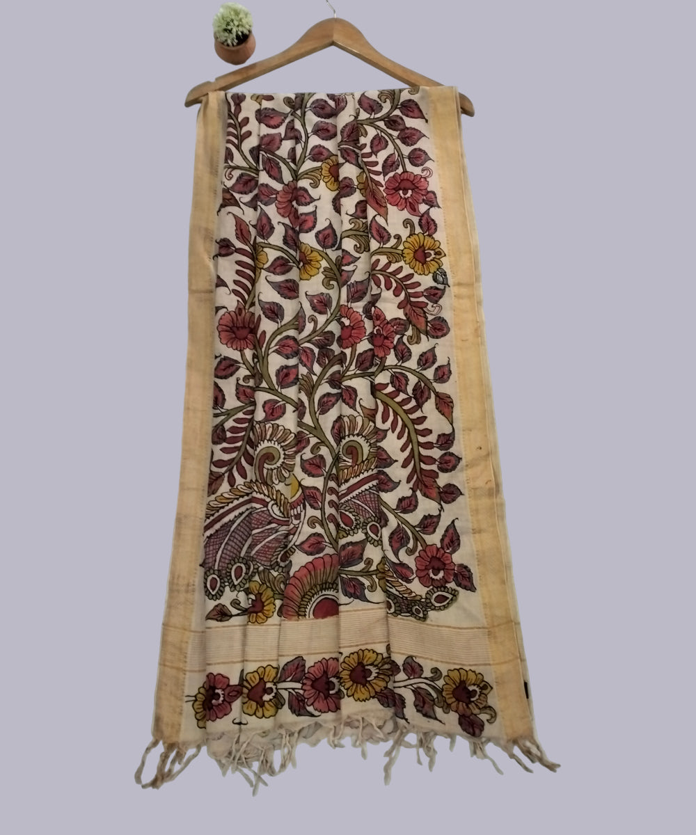 Beige handwoven kalamkari mangalgiri cotton dupatta