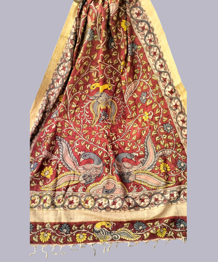 Maroon handwoven kalamkari mangalgiri cotton dupatta