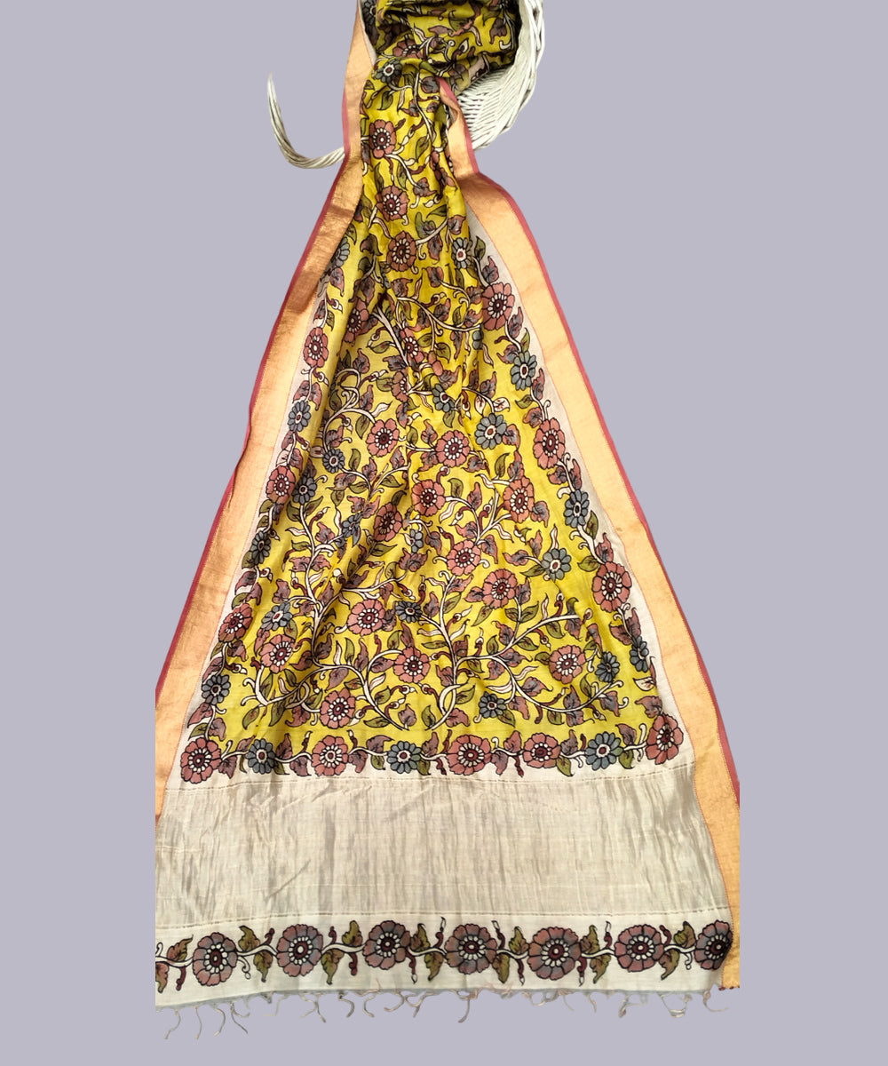 Yellow kalamkari handwoven maheshwari cotton silk dupatta