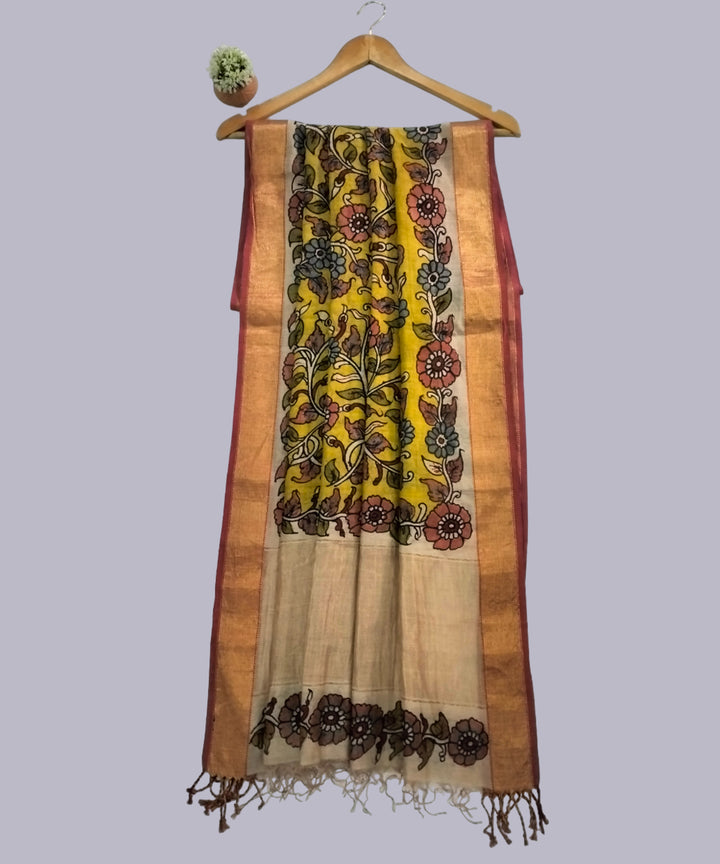 Yellow kalamkari handwoven maheshwari cotton silk dupatta