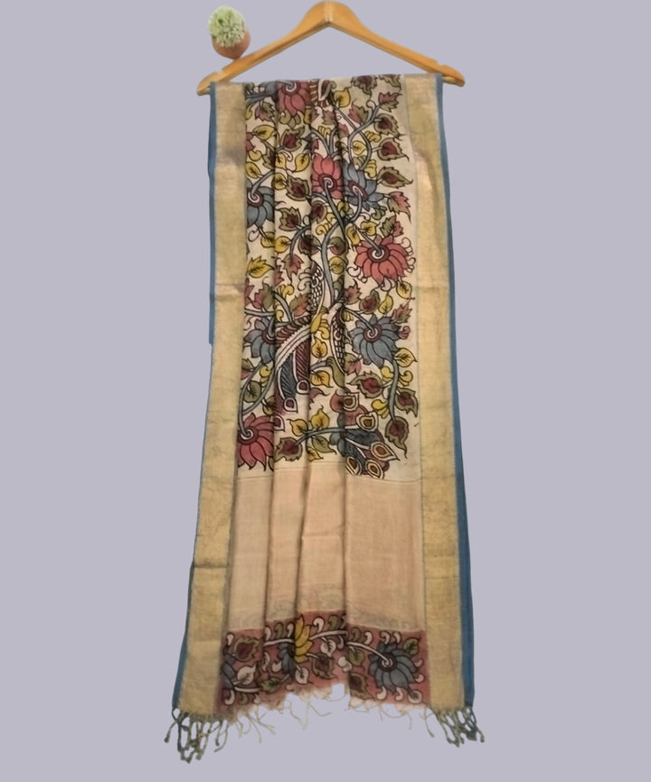 Beige kalamkari handwoven maheshwari cotton silk dupatta