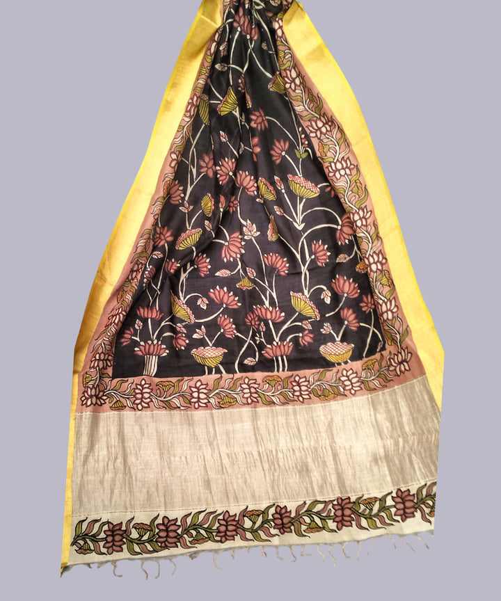 Black kalamkari handwoven maheshwari cotton silk dupatta