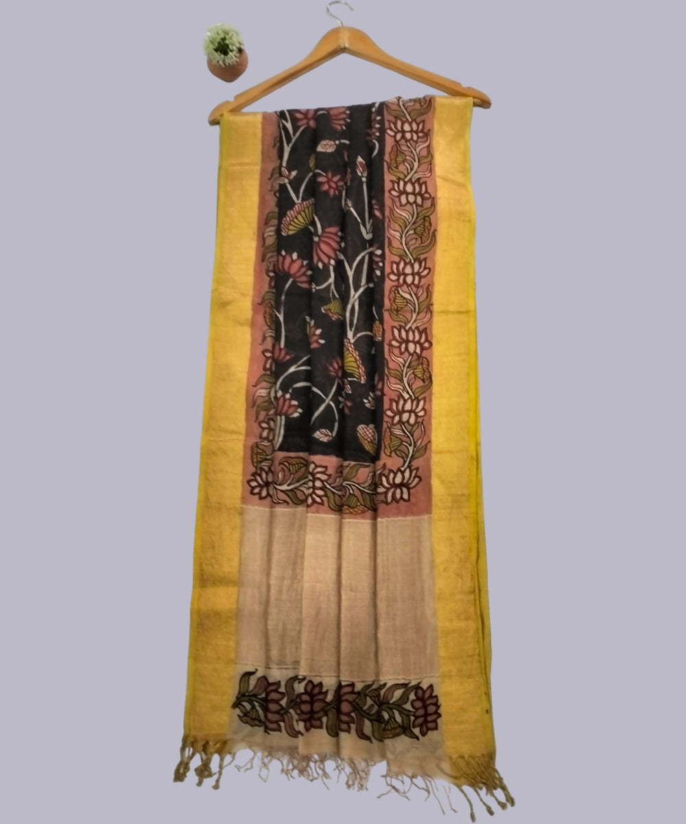 Black kalamkari handwoven maheshwari cotton silk dupatta