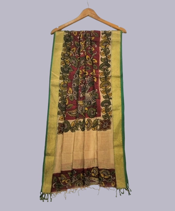 Maroon kalamkari maheshwari cotton silk handwoven dupatta